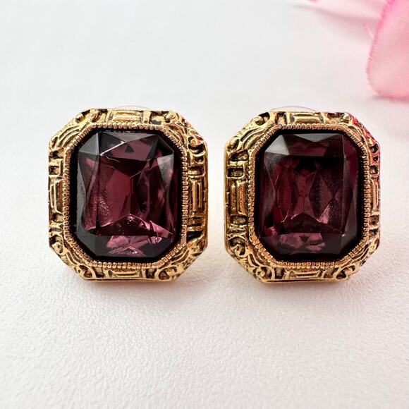 1928 Jewelry - Vintage 1928 Purple Gripoix Style Small Stud Earrings Regency Royal Opulent Chic